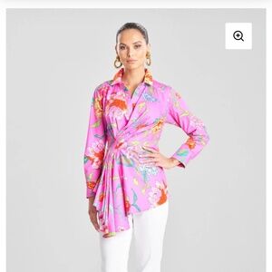 Natori Junko Poplin Beaded Side Drape Floral Top Fuchsia Women's Size M